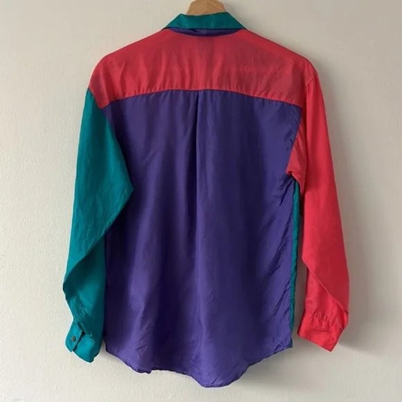 Freeze Frame Vintage 90s 100% Silk Colorful Button Down Blouse size large - Picture 5 of 5